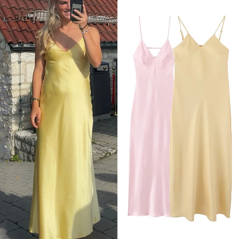 Damen-Slip-Kleid, gelb, Sommer 2022, Damen-Satin, V-Ausschnitt, Partykleider, elegant, sexy, locker, ärmellos, rückenfrei, Bankett, schickes Kleid