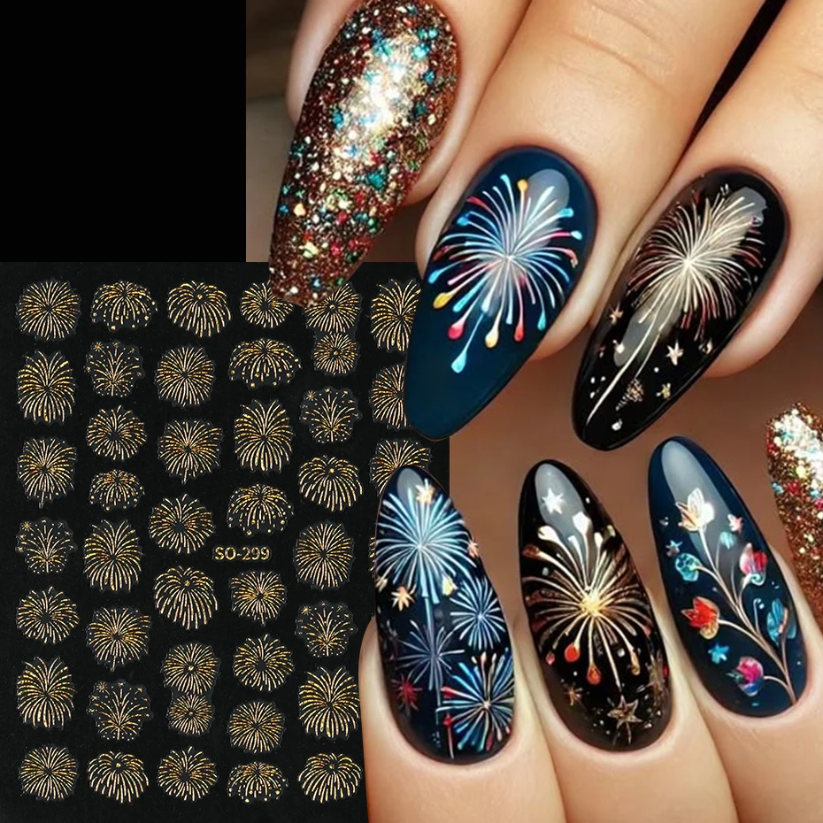 5 pcs 3D Fireworks Nail Stickers Laser Romantic Blooming Fireworks Adhesive Decals for Nails Happy New Year DIY Nail Salon Decor