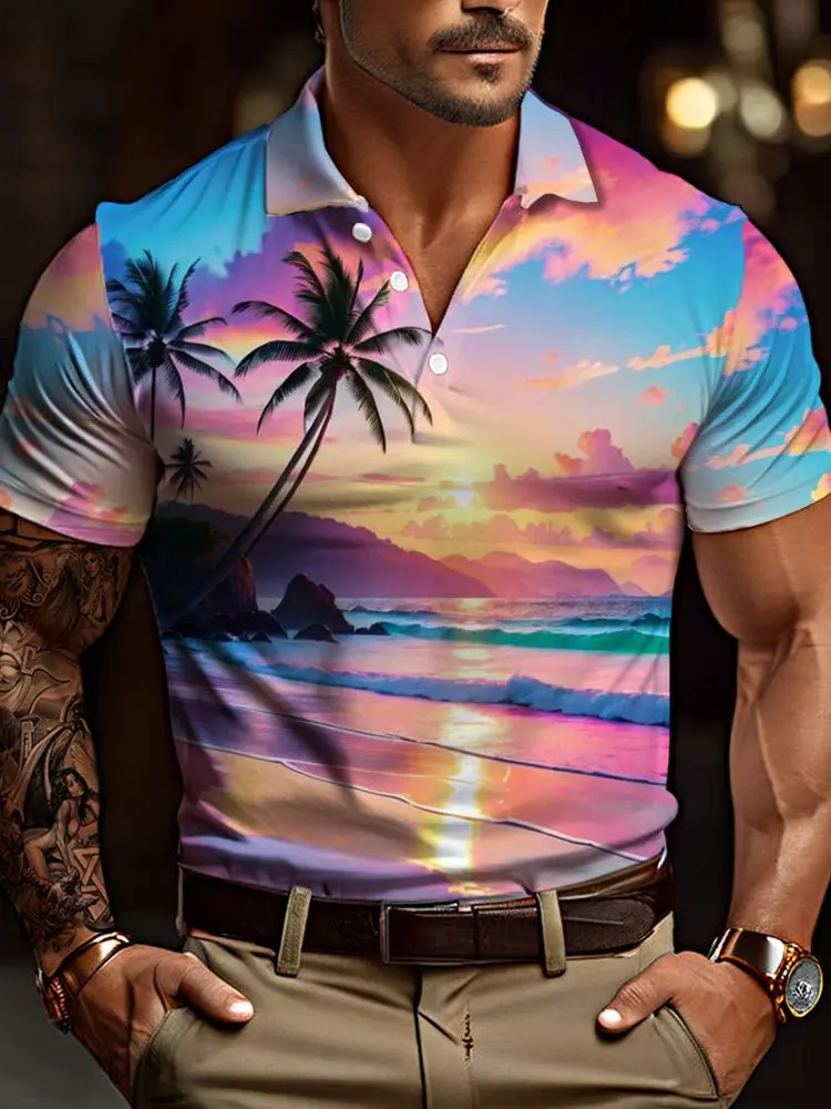 PLstar Cosmos Cool Tropical Sunset With Palm Trees On The Beach 3D Printing Men's Polo Shirt Summer Casual Shirt POL210