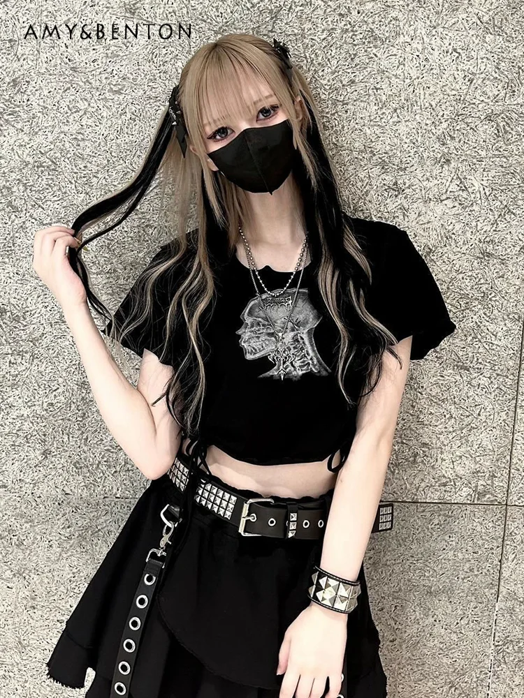 Japanese Mines Gothic Printing Flounce Strap Short T-shirt Women Summer Harajuku Subculture Y2K Top Hot Girl Graphic T Shirts