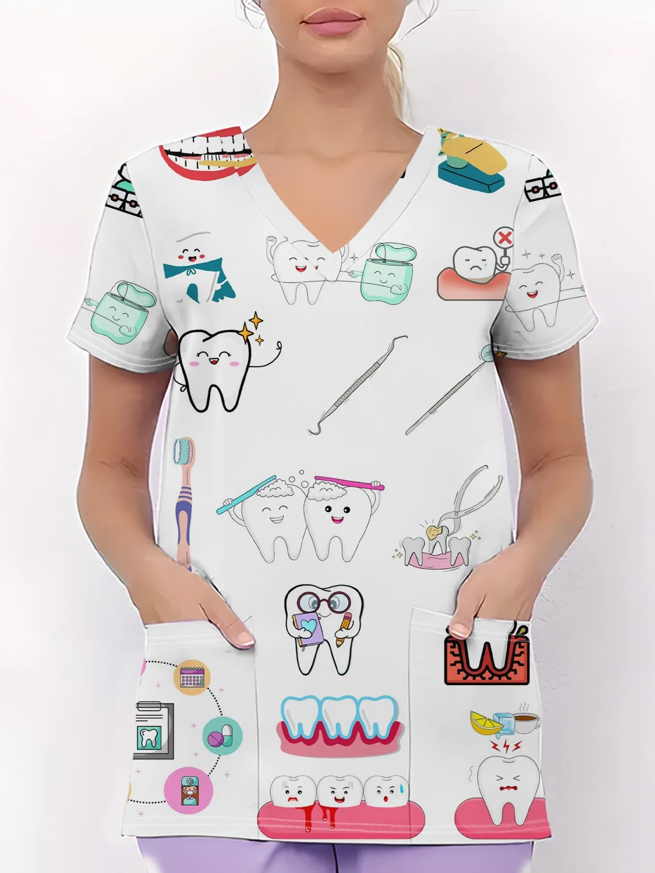 2026 Summer New Fashionable Casual Trendy Comfortable Versatile 3D Tooth Pattern Printed Women's V-neck Nurse Uniform