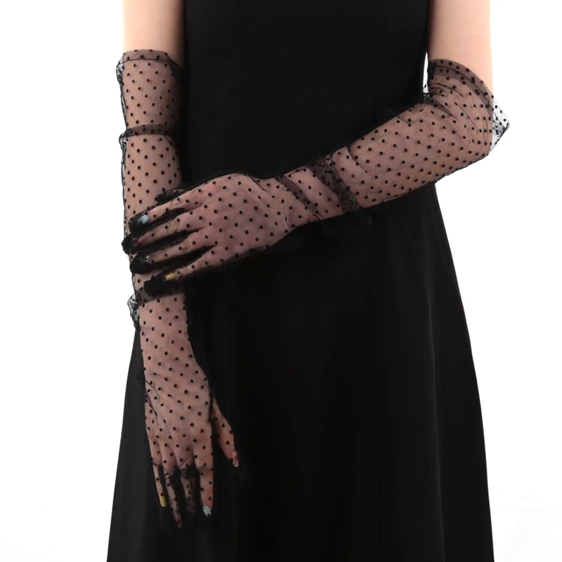 Guantes negros de encaje para mujer, mitones de puntos ondulados de gasa, protector solar transpirable, etiqueta de Boda nupcial, guantes largos de