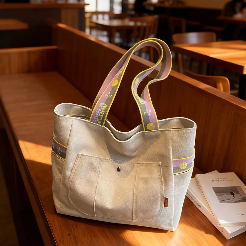 

Новая модная холщовая сумка на плечо большой емкости, женская сумка-тоут в этническом стиле с широким ремешком и ручкой, простая текстура, простые сумки для хранения