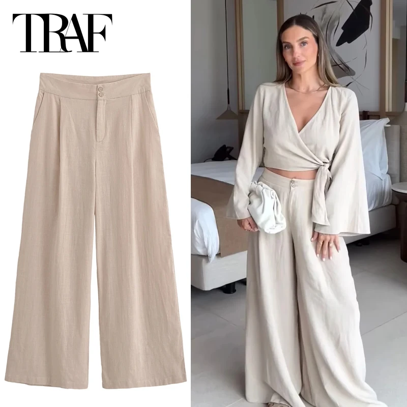 TRAF Women\'s Pants Spring Summer 2024 Linen Baggy Pants High Waist Wide Leg Long Trousers New In Pants Women\'s Casual Beach Pant