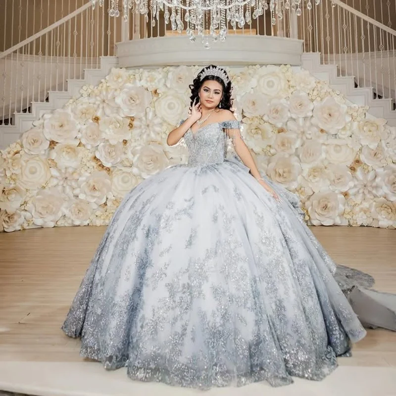 

Customized Shiny silver gray Quinceanera Dresses Off the Shoulder Tull applique crystal Bow trailing Vestido De 15 Quinceanera