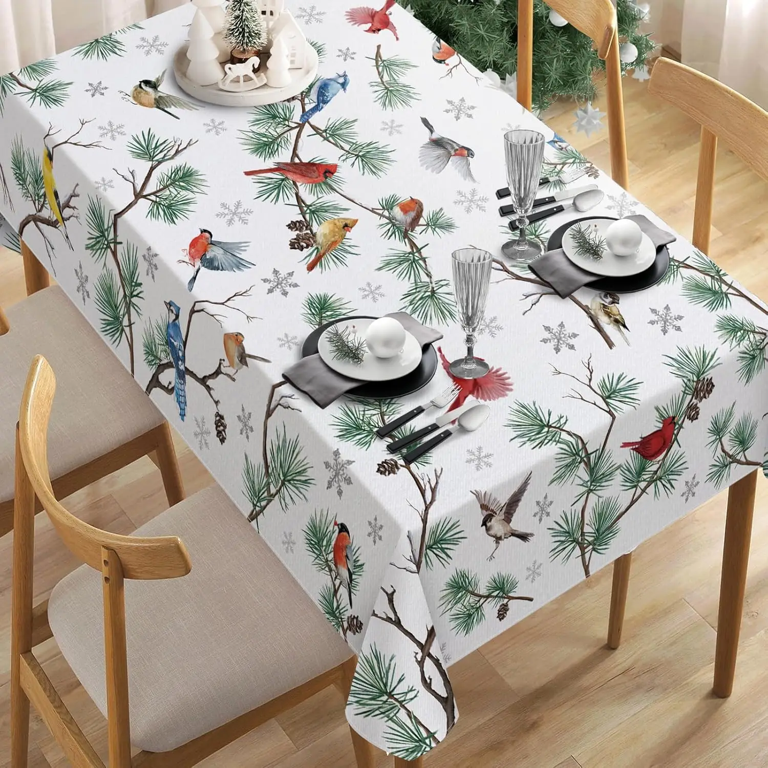 Christmas Cardinal Birds Pine Branches Waterproof Tablecloth Table Decor Winter Holiday Kitchen Dining Tablecloth Xmas Decor