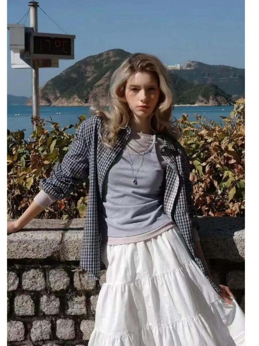 

Sle Long Sve irt Women's Loose Fit Cotton Plaid Collared Casual Versatile Spring Faion Ele Draped Ne