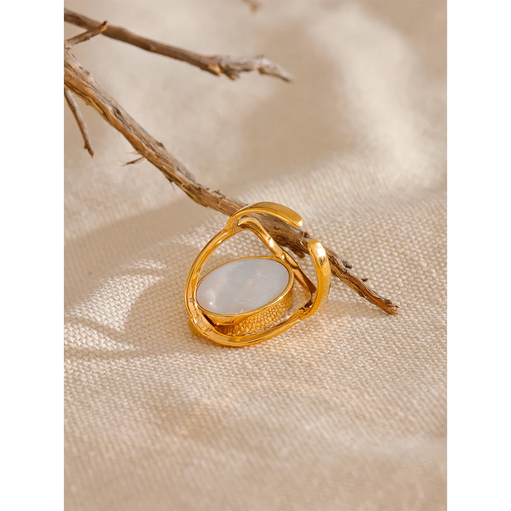 Yhpup Exclusive Natural Stone Shell Rotatable Open Ring France Exquisite Stainless Steel Unique Jewelry for Fashionable Women