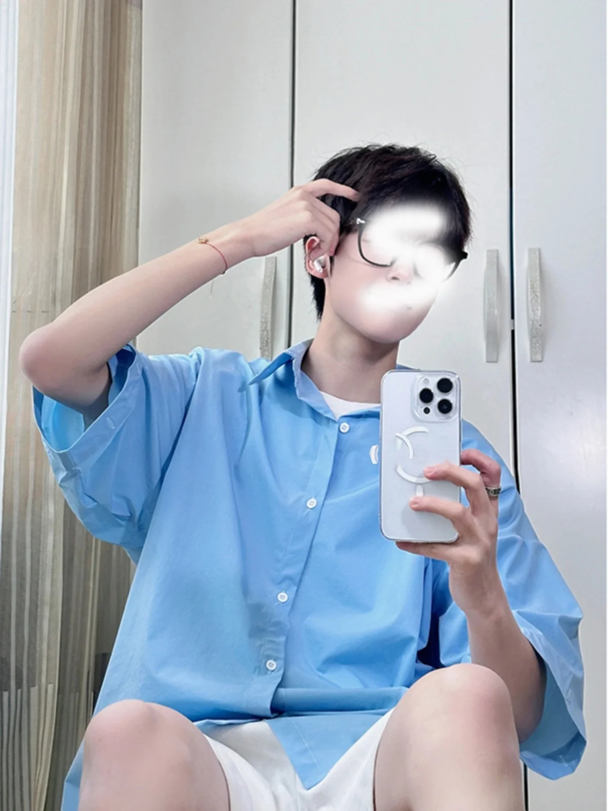 

Синяя корейская рубашка с коротким рукавом для мужчин, летняя, тонкая, молодежная, модная, с воротником Cleanfit, свободного кроя, для подростков