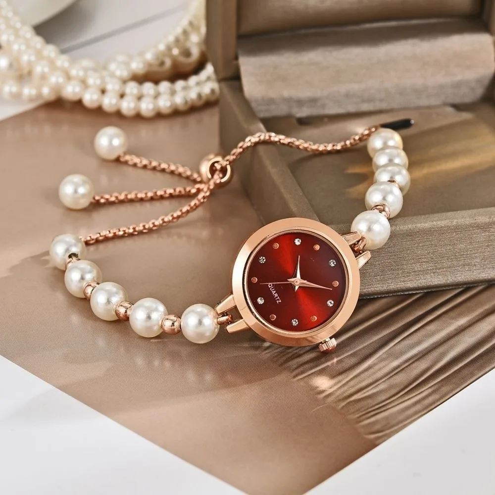 Trendy Adjustable Pearl Bracelet Watch Elegant Precise Quartz Watch Lightweight Alloy Women's Watch Birthday Gift