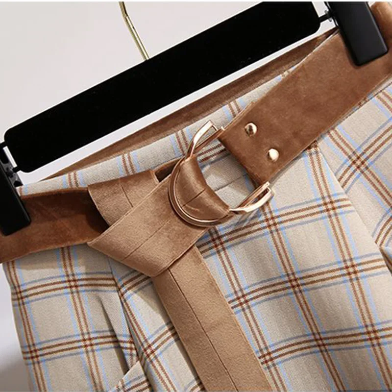 Rok Wanita Plaid Vantage High Waist A-line Longgar Dengan Sabuk dan Saku, Gaya Korea, Panjang Setengah Betis, Musim Semi 2024