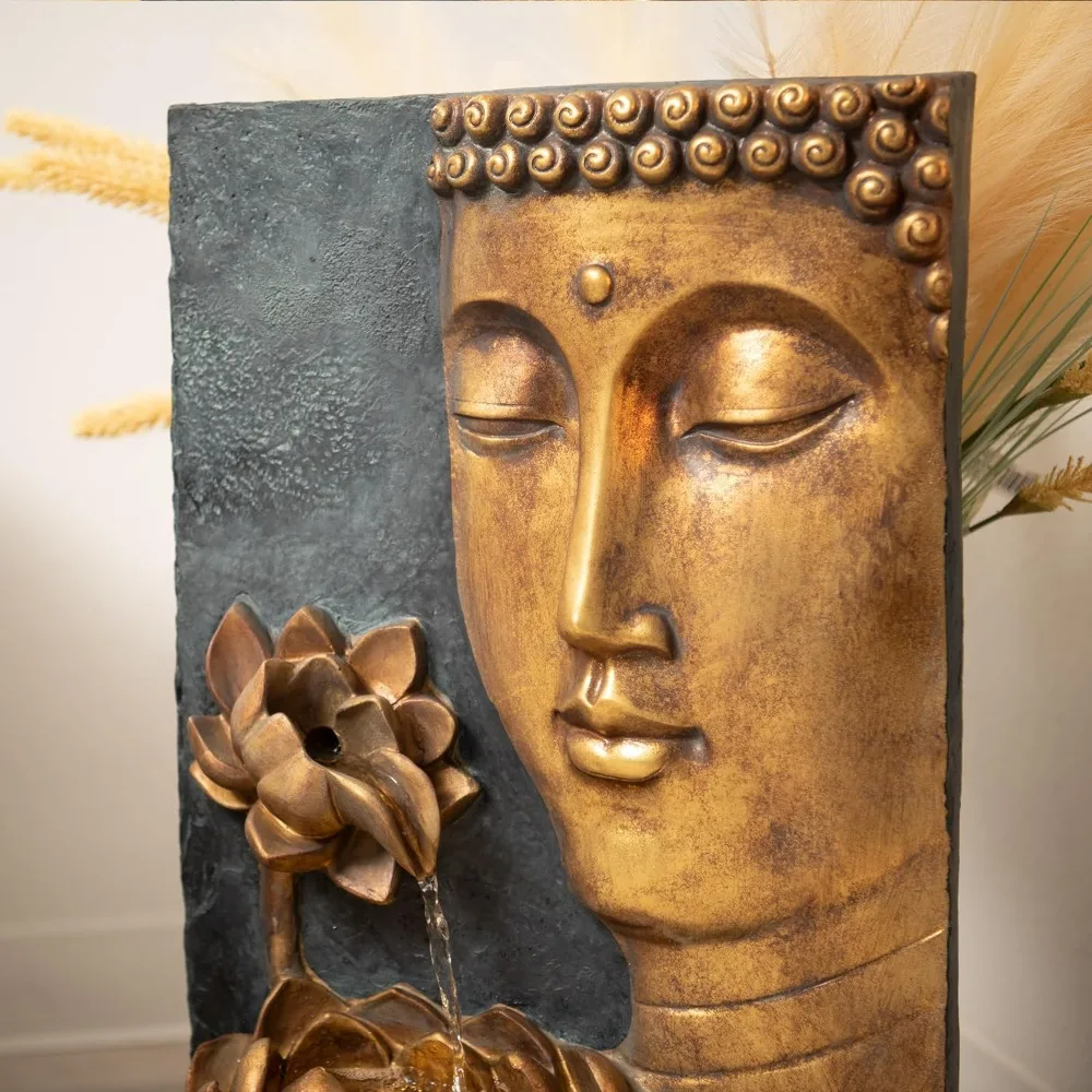 نافورة مياه للوجه من زن بوذا مع ضوء LED ومضخة - قائمة بذاتها للاستخدام الداخلي/الخارجي، ديكور زن مريح، زعنفة برونزية وطبيعية #3