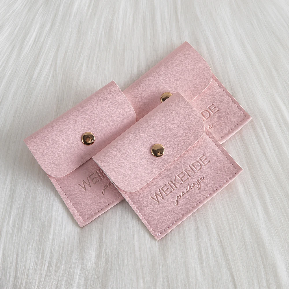 

Custom Logo 50Pcs 9x9cm Pink PU Leather Snap Button Jewelry Bag for Ring Earrings Necklace Wedding Favors Pouch Gift Organizer