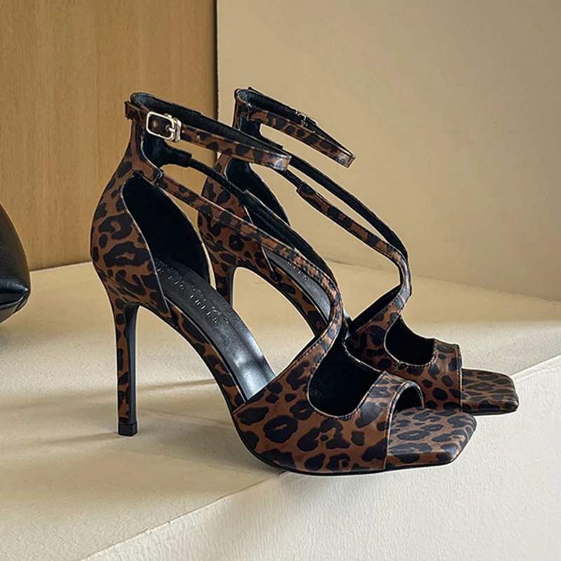 

Women Fashion Leopard Cross-Strap Buckle Pumps Lady Sexy 10cm High Heels Modern Sandals Female Chic Nightclub Style Shoes