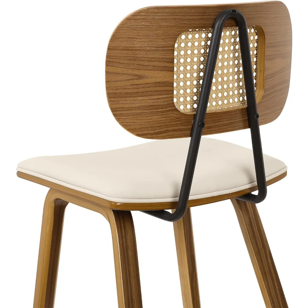 Tabouret de bar en cuir PU avec dossier en rotin, tabouret de cuisine en bois de 26 po, piste de comptoir moderne du milieu du siècle, ensemble de 3