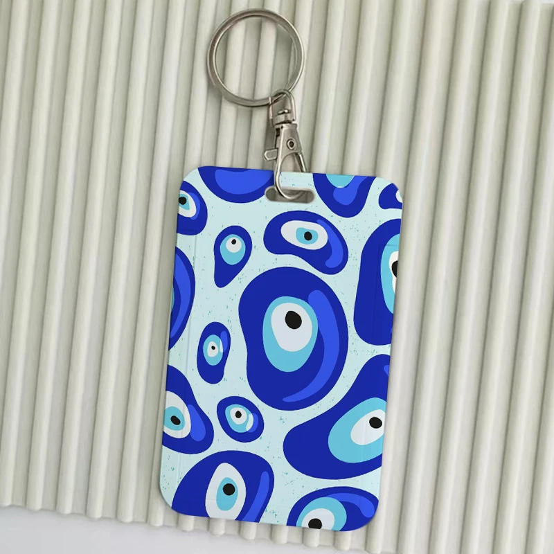 Popular Mediterranean Blue Evil Eyes Pattern Print Card Holder Keychains Bank Bus Student ID Credit Cards Key Ring Chains