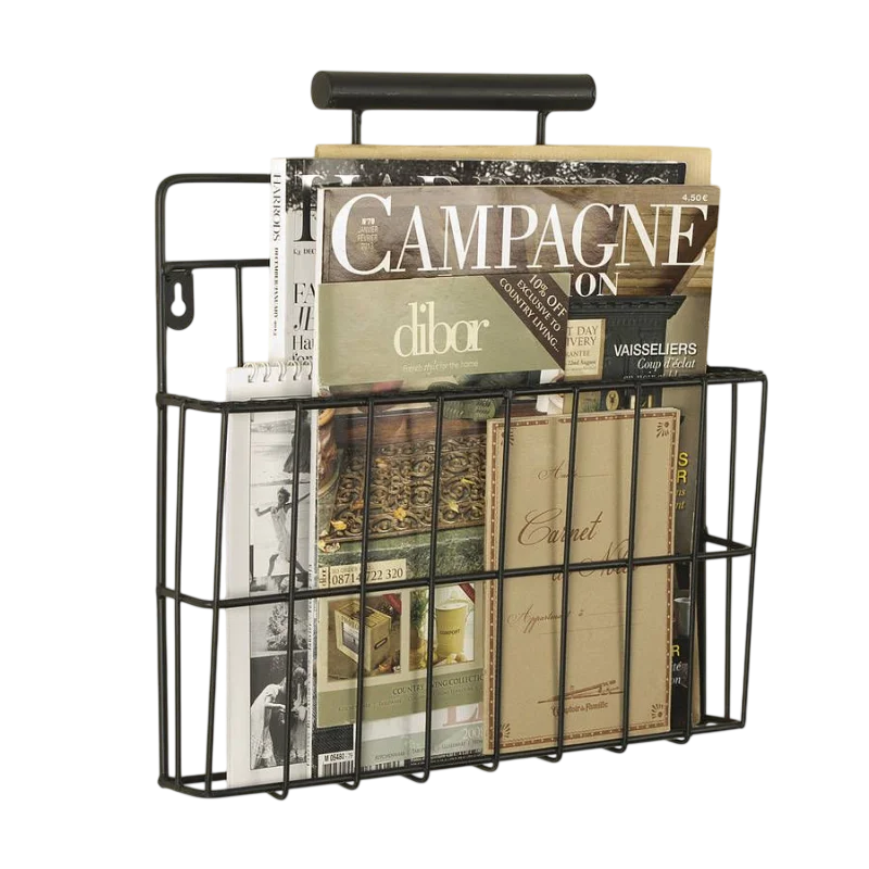 custom.New Magazine Holder With Wood Handle Industrial Black Metal Wire Sling Standing Storage Rack Organizer Magazine Racks