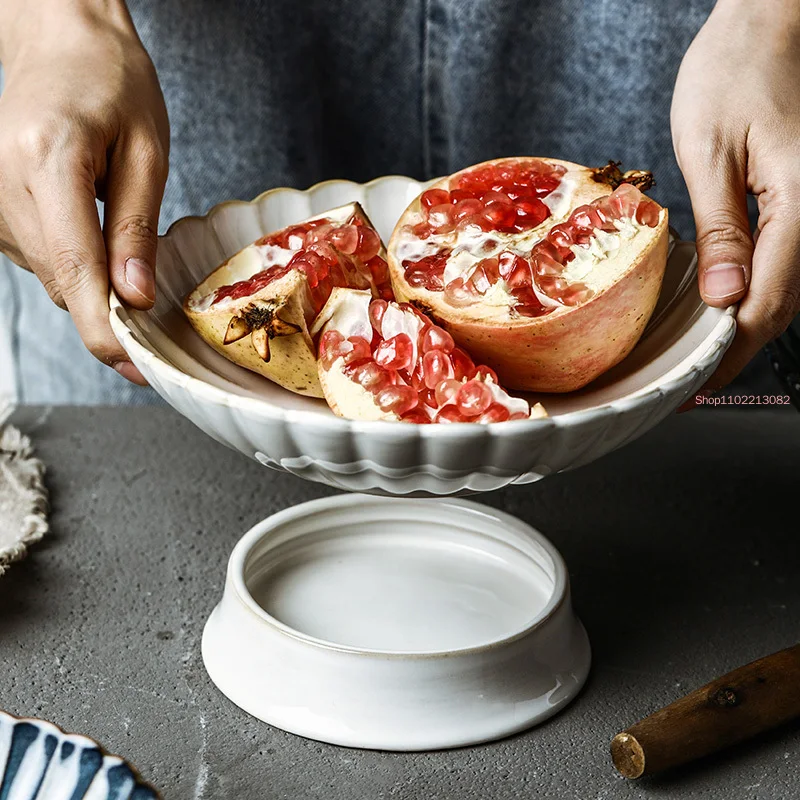 Ceramic Household Fruit Plate Living Room Kitchen Drain Basket Snack Dumpling with Chrysanthemum Tray