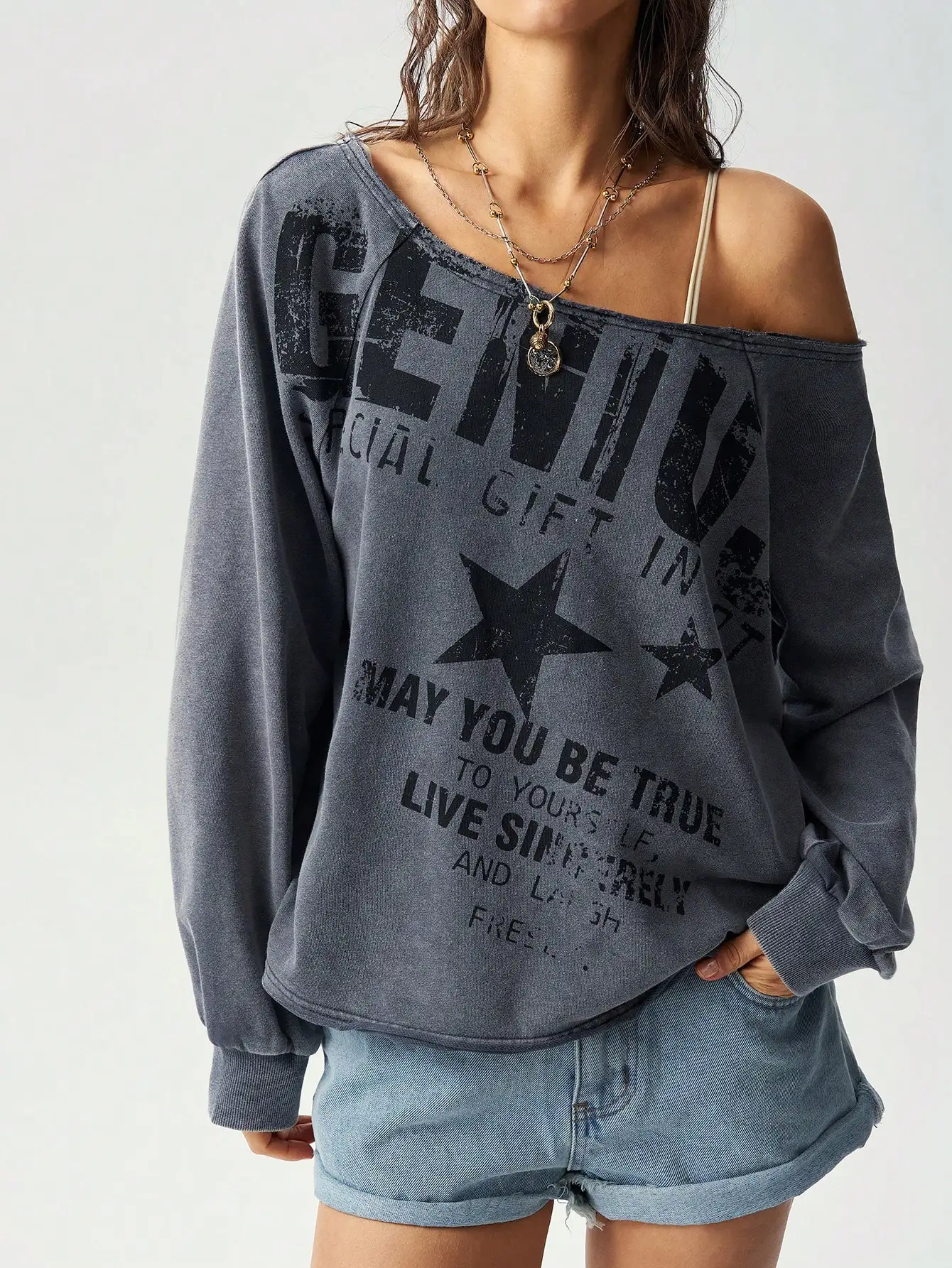 Solid Knit Asymmetric Shoulder Sweatshirt, Long Sleeve Loose Washed, Casual Y2K Fall Top for Women