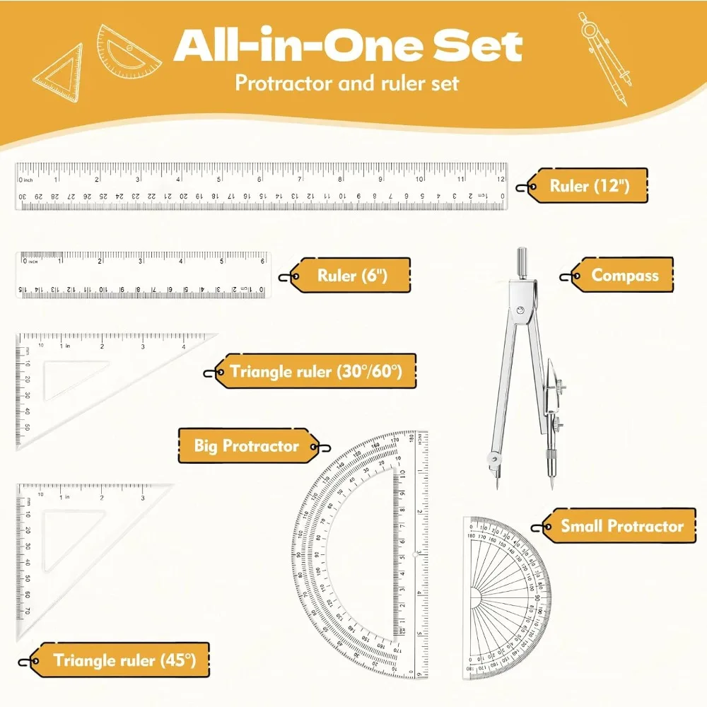7Pcs Geometry Set, Clear Plastic Rulers, Triangle, Protractor, Compass, 12Inch & 6Inch for School Office Math Drawing
