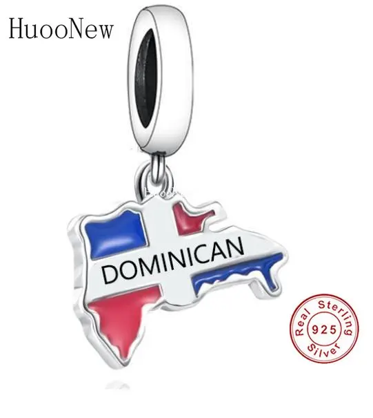 Echtes 925er-Sterlingsilber, passend für Original-Pan-Charms-Armbänder, Farbe Emaille, DOMINIKANISCHE Flagge, Karte, Perle für die Herstellung von Frauen Berloque 2024 – Detail 1