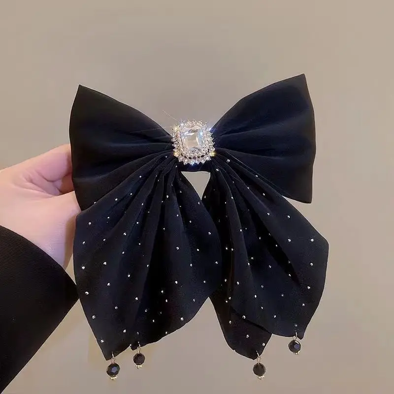 

Female Spring Autumn Big Black Bow Hairpins with Crystal Tassel for Women Ladies Girls Barrettes Hair Accessories New Headwear