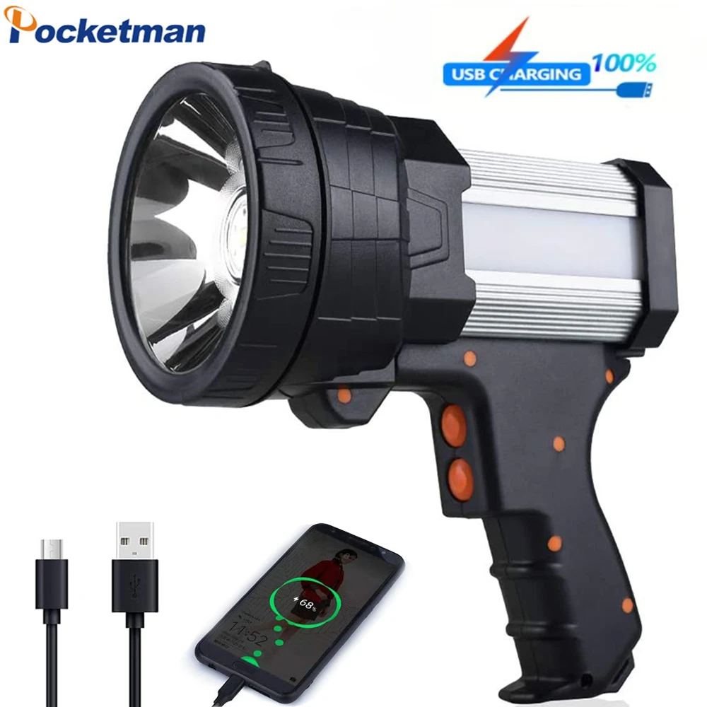 P50 Glare Spotlight LED Portable Lamp USB Rechargeable Searchlight Outdoor Camping Lantern with Side Light Power Bank