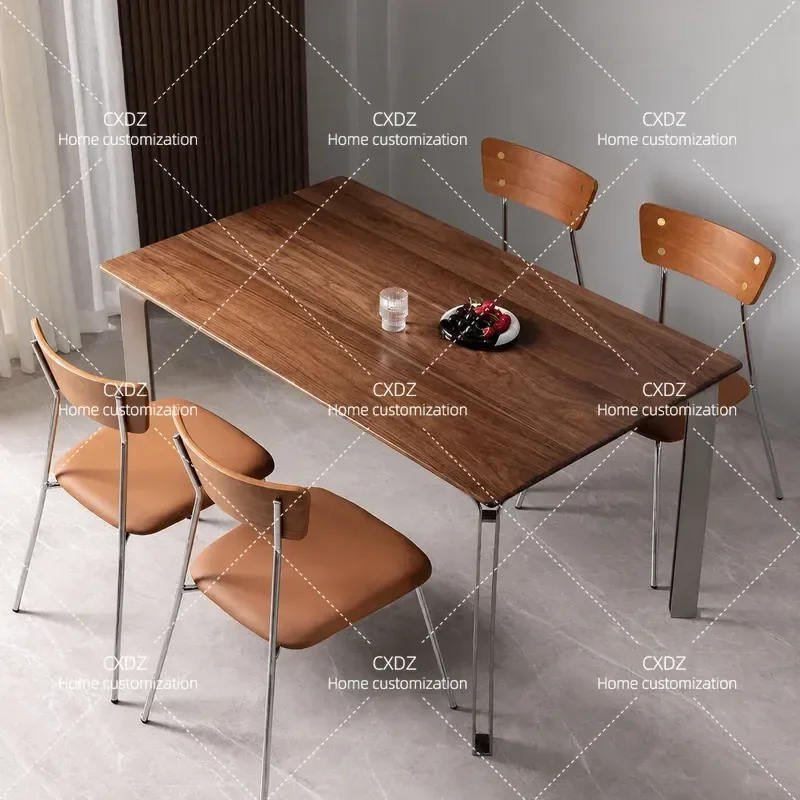 Nordic Black Walnut Dining Table Modern Minimalist Rectangular Desk Stainless Steel Legs Solid Wood Furniture for Small