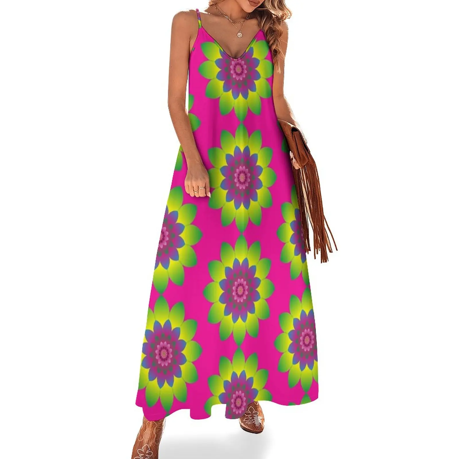 Vestido Mandala Flower Fairy sem mangas, Vestido chique e elegante, Retro, Poder