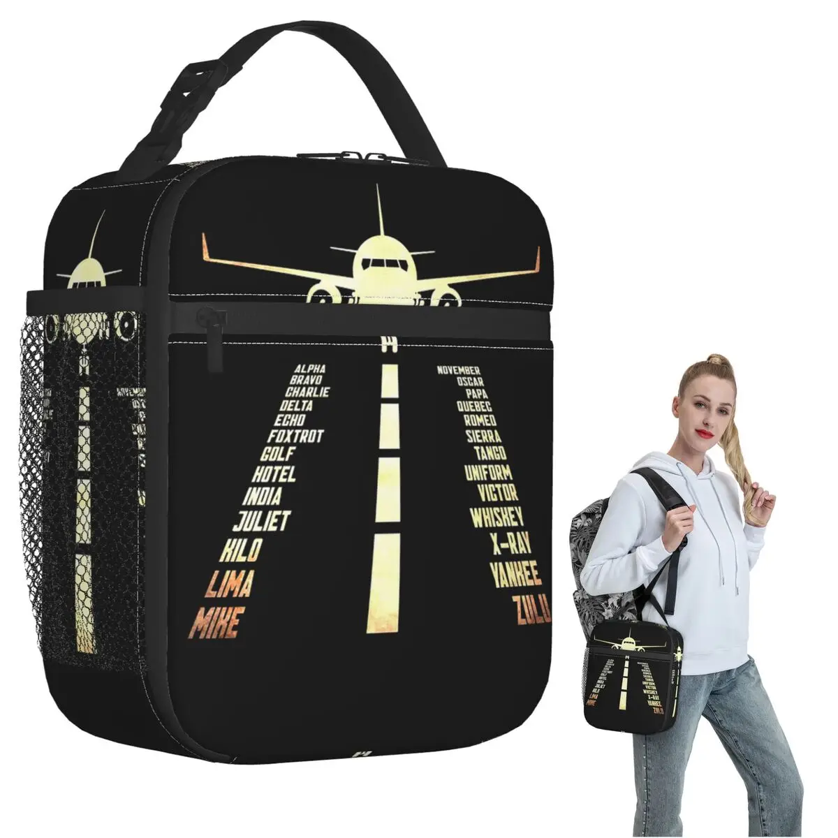 Airplane Airstrip Phonetic Alphabet Insulated Lunch Bag for Women Children Leakproof Food Boxes Thermal Lunch Box Tote