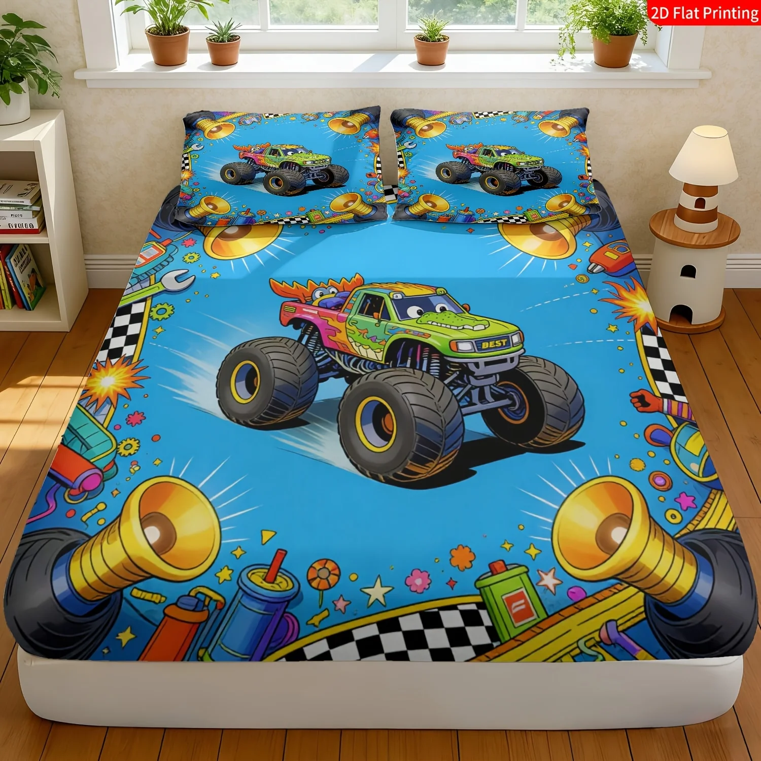 Christmas 2D Digital Print Three-Piece Bedding Set (includes 1 fitted sheet + 2 pillowcases) Mattress Protector, Fitted Sheet Style with Elastic, Protective Cover, Mattress Protector, Fitted Sheet Style Bedding, Christmas Theme Bedding, Monster Truck Theme Bedding
