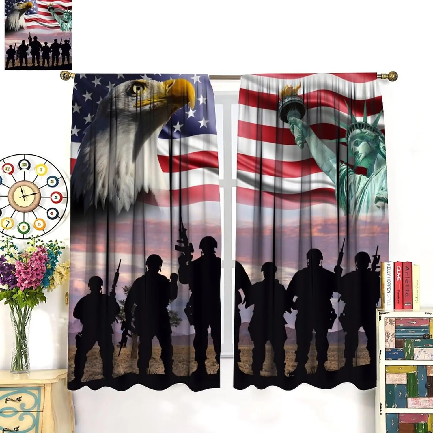 Bald Eagle USA Flag Curtains,American Soldier Silhouettes Independence Day Statue of Liberty Printed Curtains for Bedroom Living