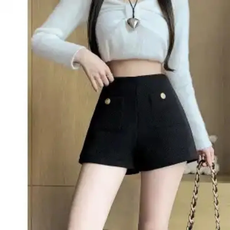 

Женские шерстяные шорты, новинка 2023 года, осенние узкие брюки-бутки с высокой талией, верхняя одежда, повседневные однотонные универсальные элегантные шорты трапециевидной формы