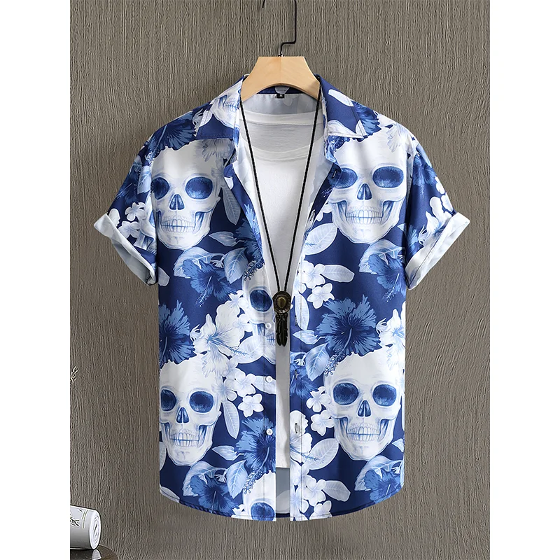 

Men's 2024 New Arrival Summer Casual Short Sleeve Shirts Hip Pop Streetwear Fashion Skulls Print Shirt for Men Clothing