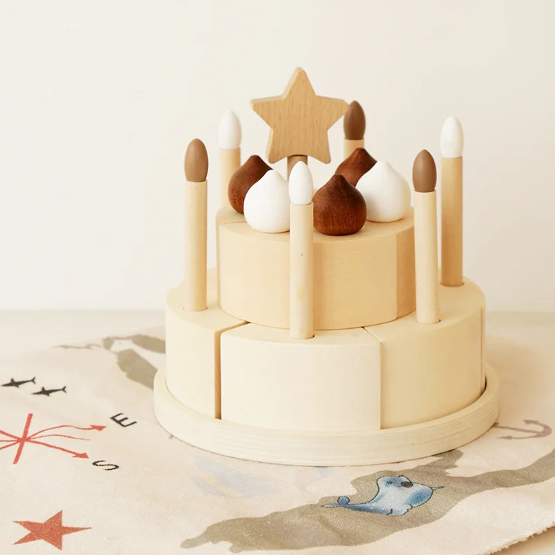 Modèle de gâteau d'anniversaire en bois pour enfants, outils de jeu pour enfants, décorations pour la maison, jouets intelligents faits à la main pour bébé