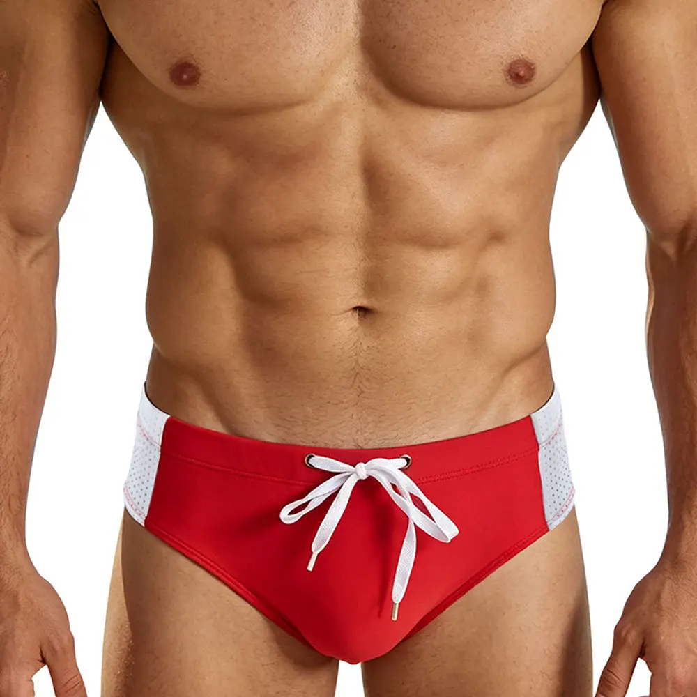 2026 Summer Men's Side Mesh Splicing Swimsuit Sexy Beach Shorts Pool Bikini Swimsuit Tight Professional Competition Swim Briefs