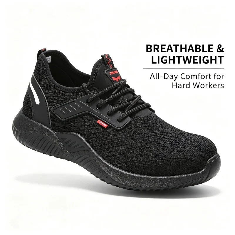 Anti-shatter and anti-puncture safety work shoes for men. Anti-slip and wear-resistant safety shoes. Fly-weave style work shoes.