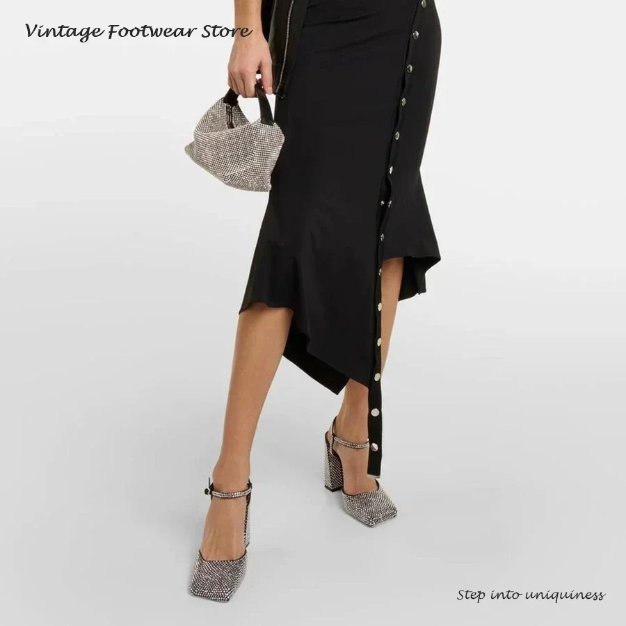 Vintage Crystal Embellished Pumps Summer Square Toe Chunky Heeled Shoes Fashion Women's Buckle Strap Party Dress Modern Sandals
