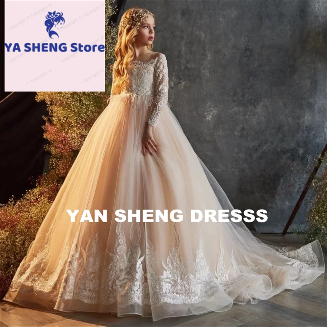 فساتين فتاة الزهور المخصصة بنمط أبيض شامبانيا مزينة بأكمام طويلة لحفلات الزفاف وأعياد الميلاد وحفلات الأميرة