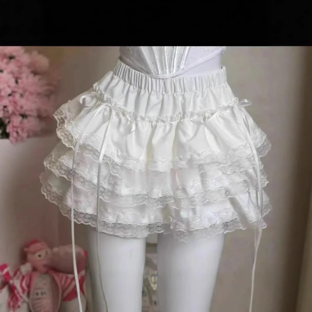 Falda corta de ballet blanca de cintura alta con encaje dulce, estilo pastel, efecto adelgazante, estilo fresco y lindo, tela de poliéster