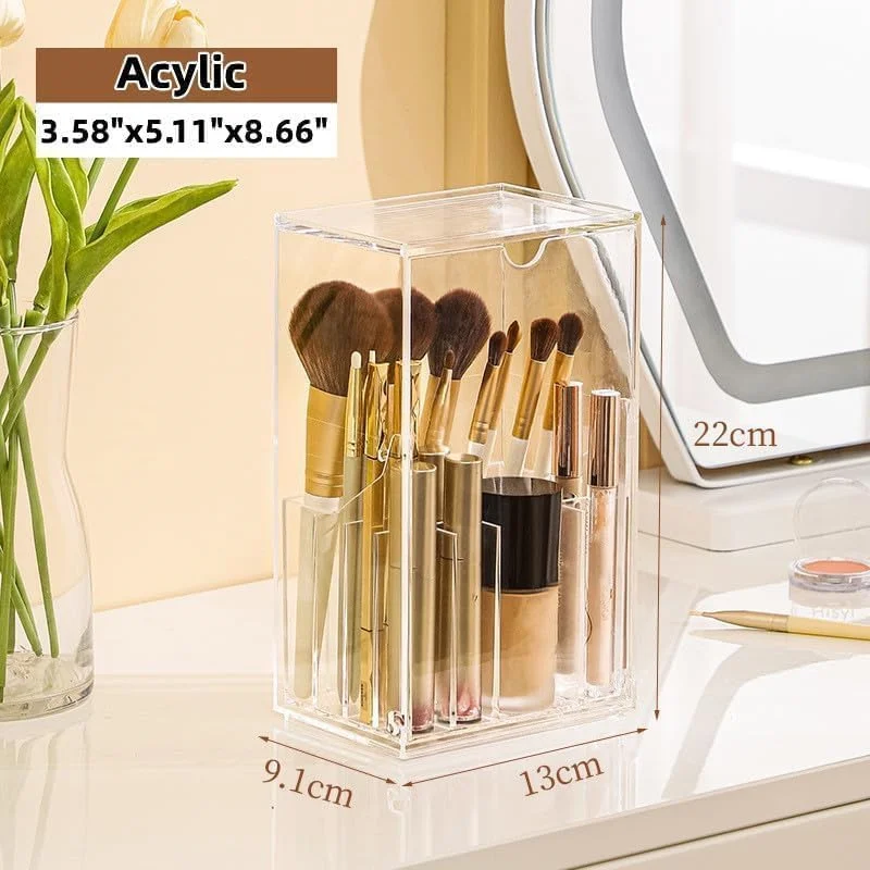 Makeup Brush Holder Organizer Clear Desk Comestic Tools  Organizer with 17 Slots Tilt Open Dustproof Makeup Brushes Storage Box