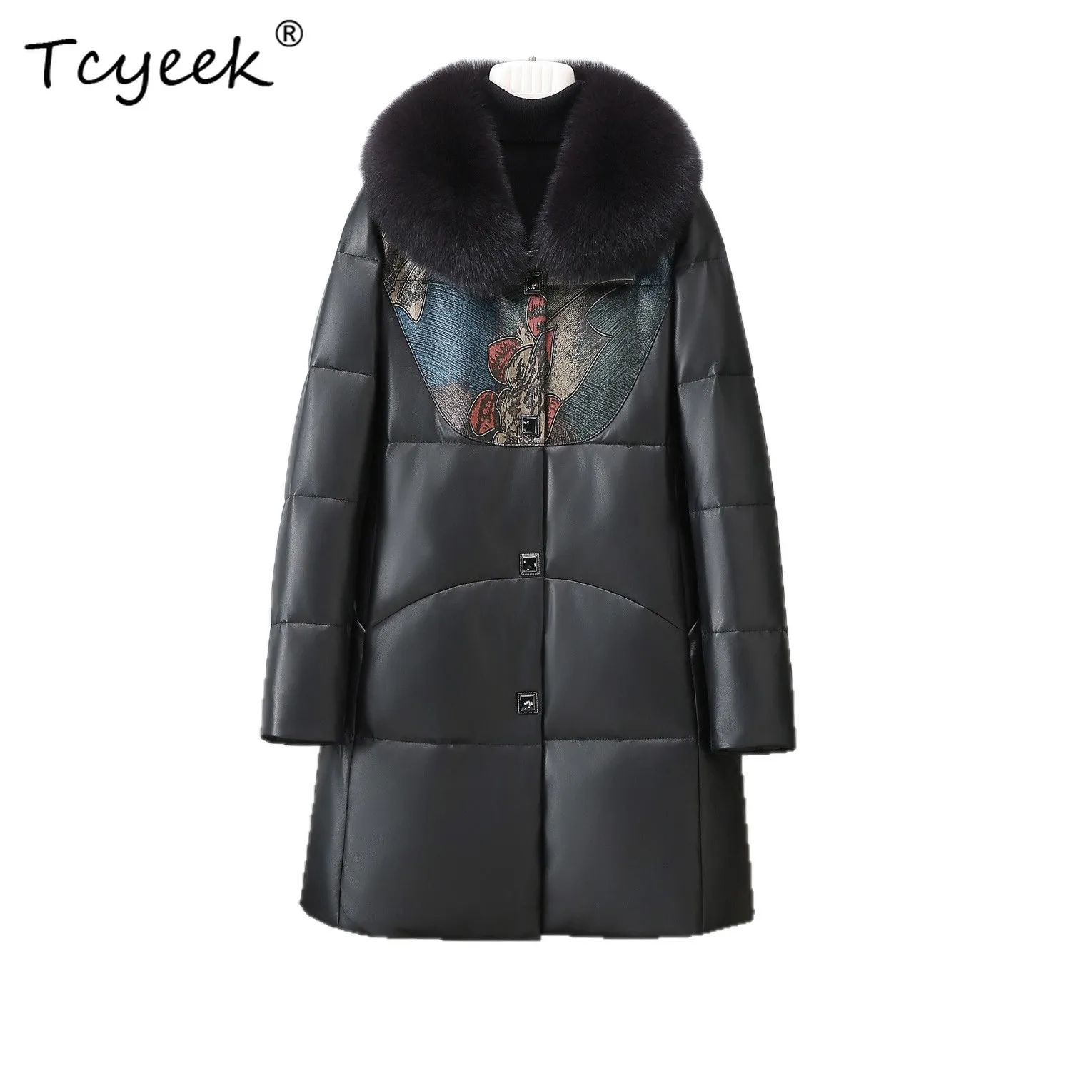 Tcyeek جلد الغنم الحقيقي جلد طبيعي أسفل سترة النساء الملابس الشتوية الثعلب الفراء طوق الدافئة أوزة أسفل معطف المرأة معاطف 2025