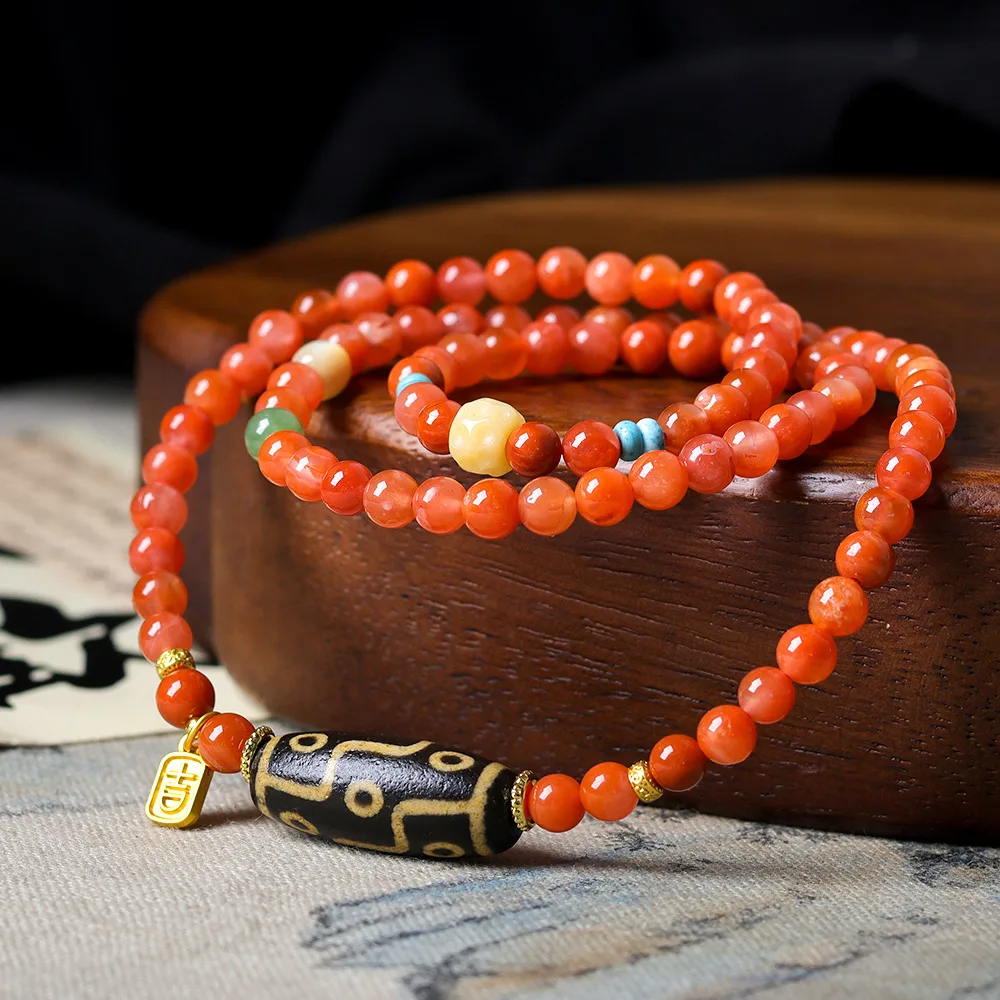 Original Nan Hong Agate with Tibetan Nine Eyes Dzi Bead Triple Loop Bracelet Cultural Chinese String Necklace