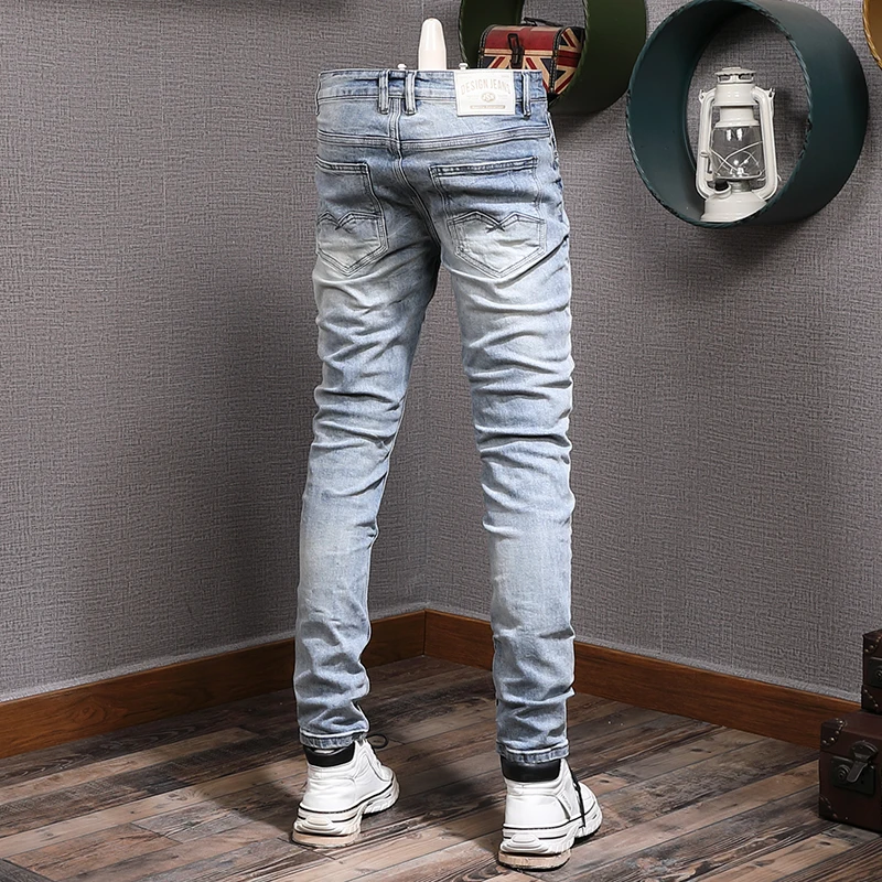 Fashion Designer Men Jeans Retro Light Blue Stretch Slim Fit Ripped Jeans Men Vintage Trousers Korean Style Casual Denim Pants