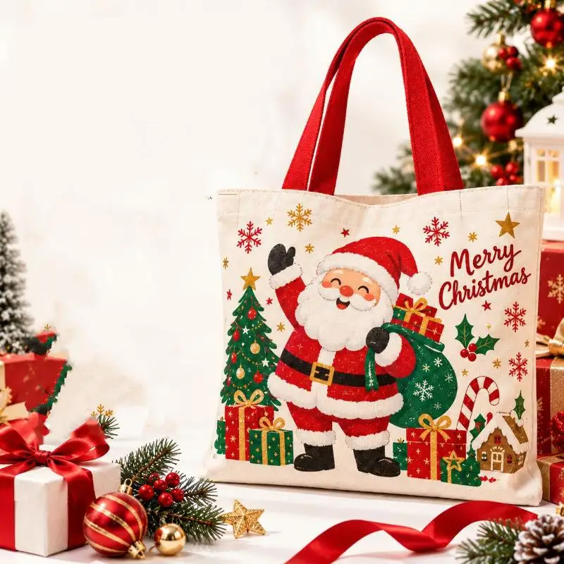 Christmas Handheld Cloth Bag Cartoon Santa Print Reusable Gift Pouch for Xmas New Year Party Decor Kids Present Wrapping