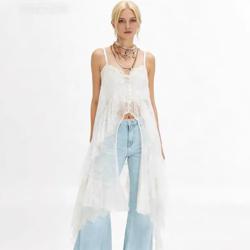 

Y2K Streetwear Irregular Lace Tops Trend Sexy Spaghetti-strap Shirt Goth T Shirts Kawaii Beach Vacation Tops White Black Clothes