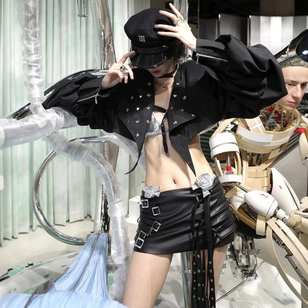 SylCue المسامير الديكور سترة امرأة الخريف الاتجاه كم كامل غير النظامية هيم السرة يتعرض الساخن الفتيات شارع العليا نمط الملابس