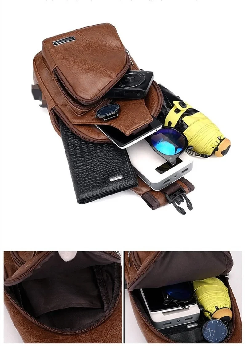 Bolso de pecho con USB para Hombre, bandolera de cuero PU de diseñador, paquete de viaje