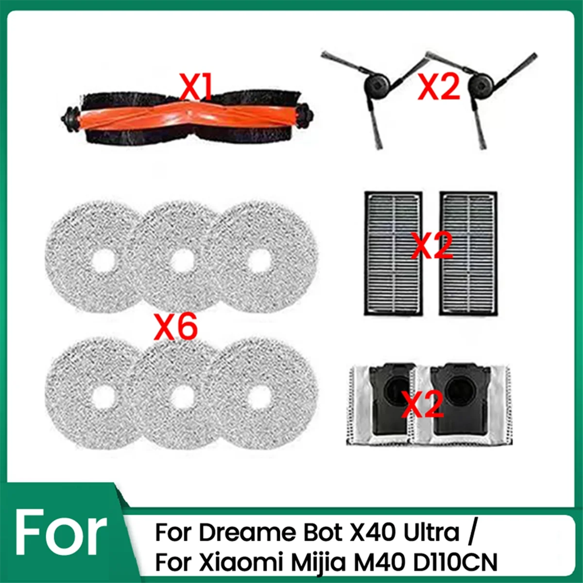 드림 봇 X40 울트라용 진공 청소기 부품, 샤오미 Mijia M40 D110CN 용, 메인 사이드 브러시 걸레 천, 먼지 봉투 필터