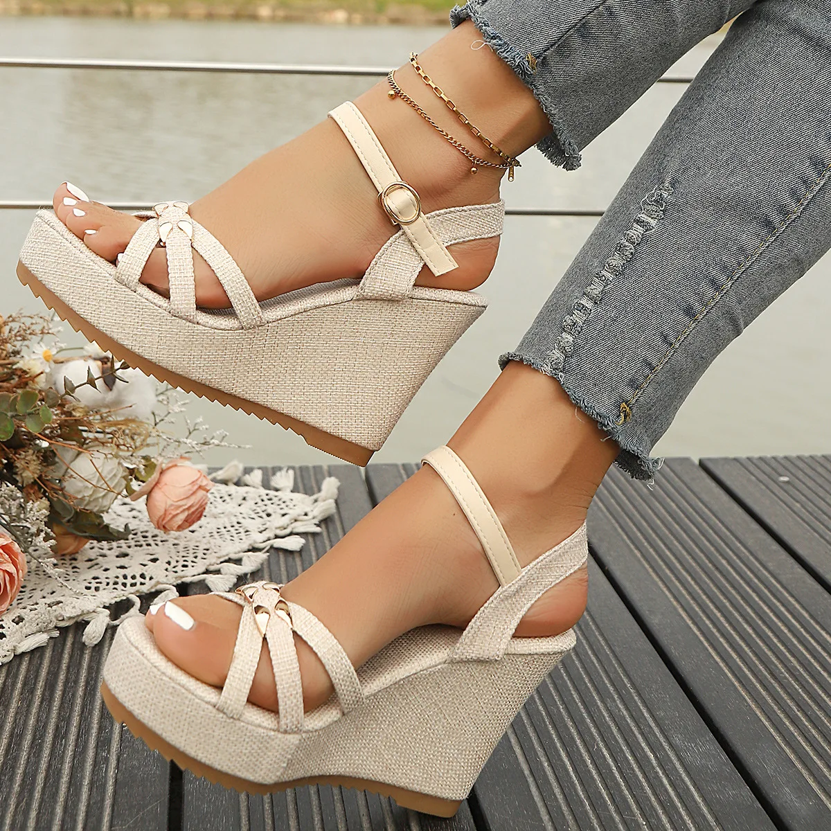 Slope Heel Plus Size Sandals Women Shoes 2026 Summer New Fashionable Thick Soled High-heeled Woven Sandals